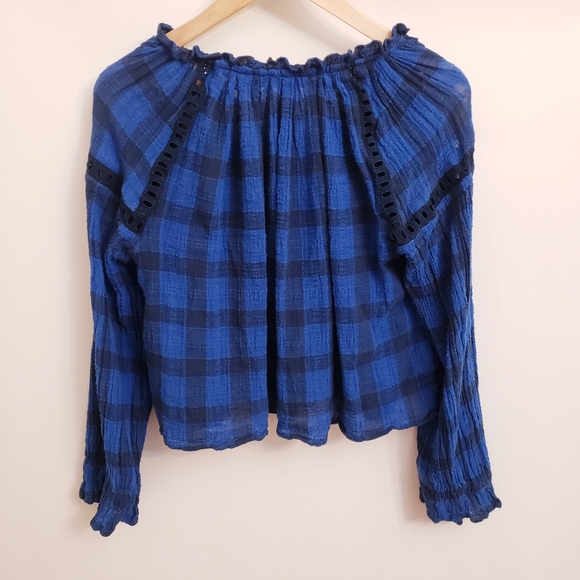 Free People Honey Grove Blue & Black Checkered Buffalo Plaid Peasant Top, Size S - Picture 4 of 9
